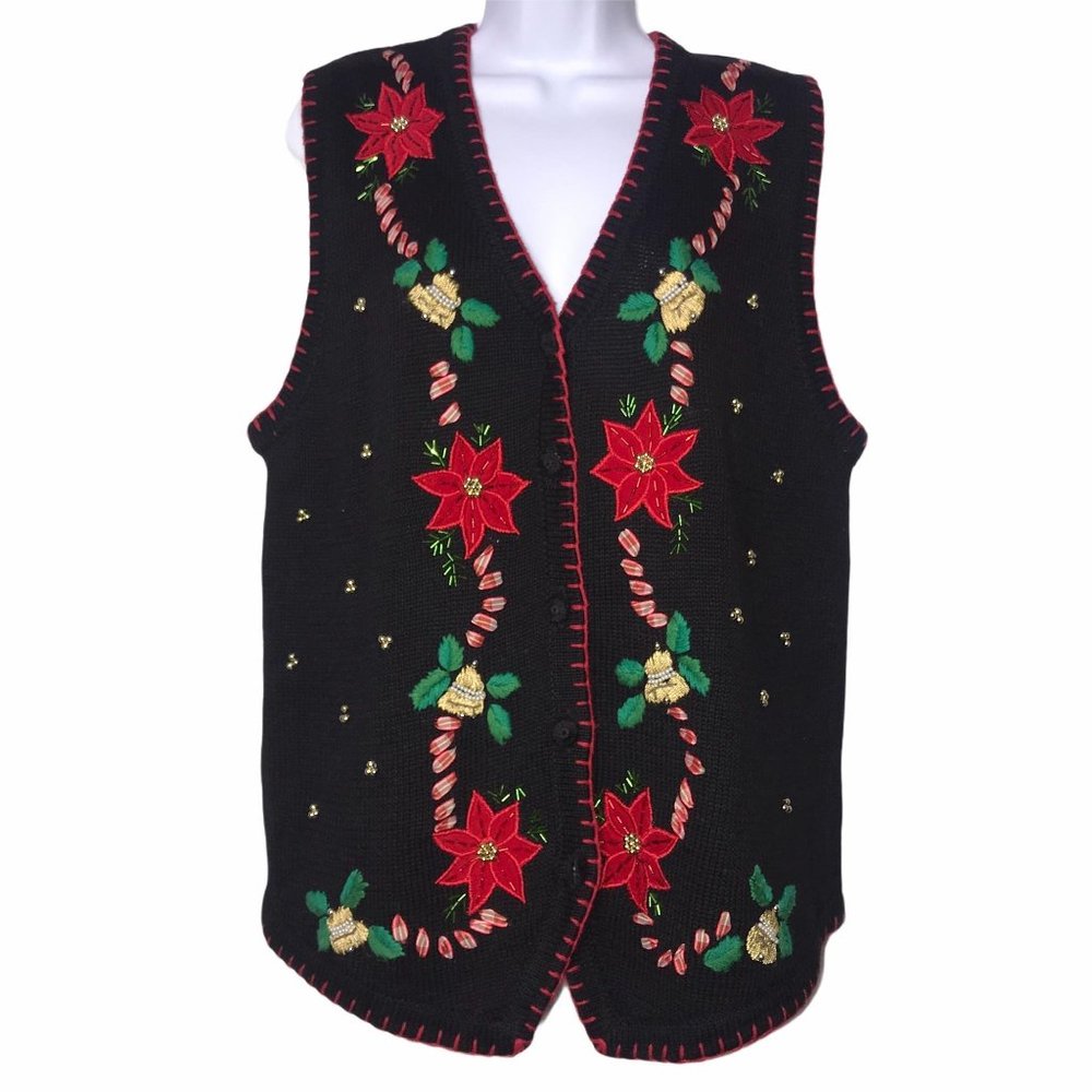 Vintage Ship N’ Shore Poinsettia Ugly Christmas Holiday Cardigan Sweater Vest L